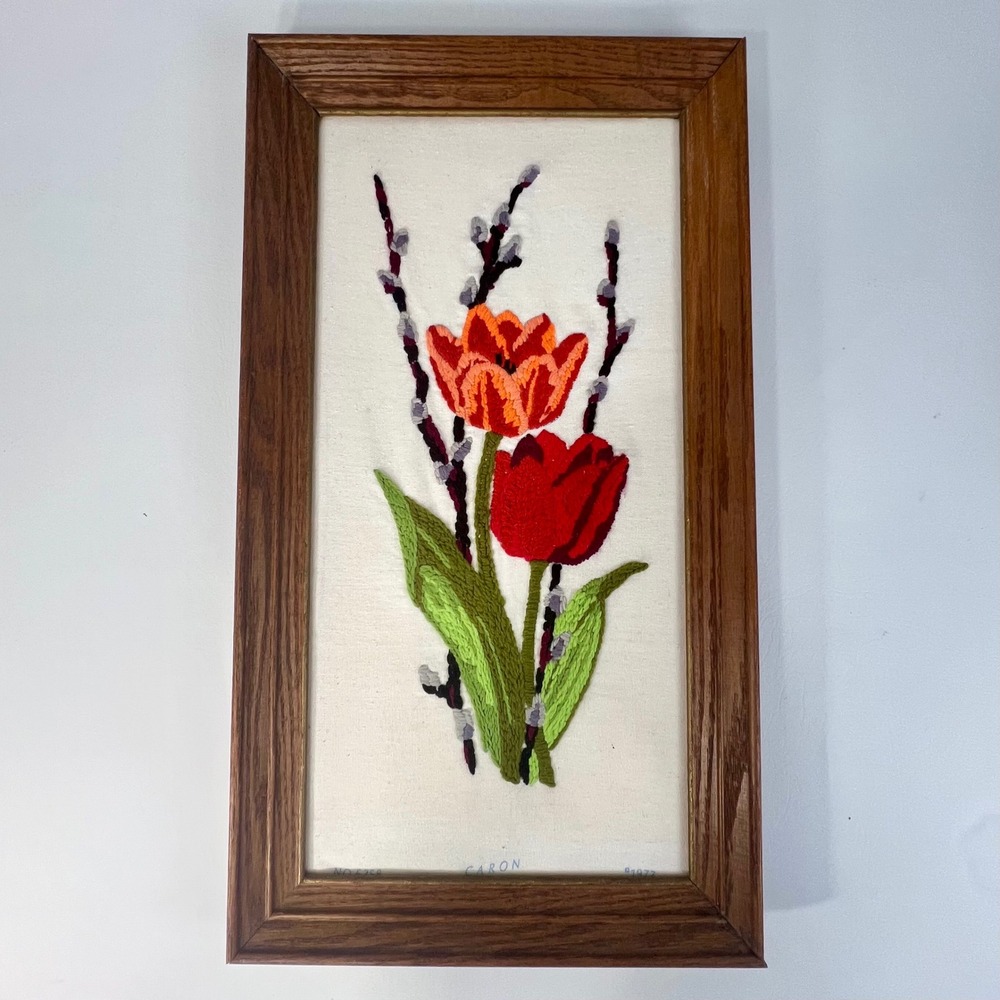 Vintage 1977 Needlepoint Crewel Floral Tulip and Willow Branch Framed Wall Art